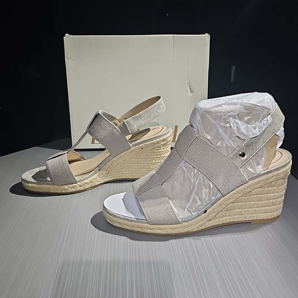 LifeStride‎ Tallulah Taupe Metallic Shimmer Espadrille Wedge Sandal Women’s 11M
